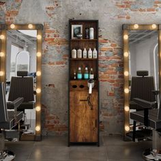 a hair salon with mirrors and lights on the brick wall behind it is an open door that leads to another room