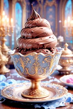 a chocolate ice cream sundae sitting on top of a blue and gold plate next to candles