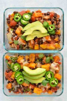 two glass casserole dishes filled with beans, avocado and other vegetables