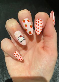 Pink Hello Kitty nails with strawberry and polka dots Hello Kitty Nails Natural, Hello Kitty Nails Simple, Nails With Strawberries, Hello Kitty Gel Nails, Hello Kitty Nail Ideas, Cosplay Nails, Hello Kitty Nails Short, Cat Nail Art Designs, Hello Kitty Nail