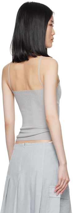 Rib knit FSC-certified viscose-blend tank top. · V-neck · Fixed spaghetti straps Supplier color: Silver Gray Fine Knit Top, Gray Scoop Neck Cotton Tank Top, V-neck Open Knit Tank Top, Paloma Wool Top, Luxury Ribbed V-neck Tank Top, Paloma Wool, Paloma, Ricotta, Spaghetti Strap