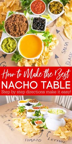 How to Make a Nacho Table Nacho Table Party Ideas, Party Food Mexican, Nacho Table, Party Appetizer Recipes, How To Make Nachos