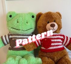 two teddy bears sitting next to each other with the word pattern on their sweaters