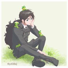 an anime character sitting on the ground with her hand to her face and holding two green plants in her hair