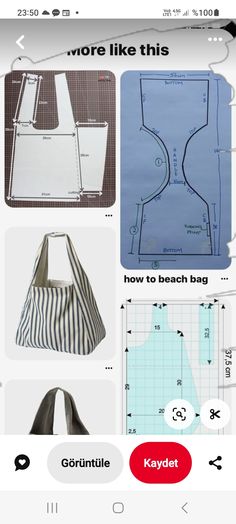 the sewing app shows how to make handbags with different patterns and sizes on it