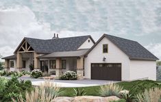 this is a computer rendering of the front elevation of a ranch house with two garages