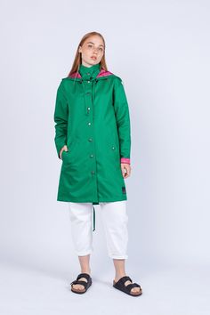 "Women's Green Fashion Unique Raincoat \"GUATEMALA\" 084 Handmade in Lithuania.  Enjoy functional and stylish raincoat. This raincoat is waterproof and wind-resistant to keep you warm and dry.  Raincoat is with a hood and has front pockets with buttons. Color: green Material: 100% Polyester, coated with PU Lining: 100% Rayon, dark pink color Size: XS, S, M, L, XL, XXL Precise raincoat size (cm/inch) You can find in photos area." Spring Waterproof Nylon Raincoat, Spring Weatherproof Nylon Raincoat, Waterproof Nylon Raincoat For Spring, Green Waterproof Windbreaker For Spring, Spring Green Waterproof Windbreaker, Spring Waterproof Green Windbreaker, Green Raincoat With Pockets For Spring, Hooded Green Windbreaker For Rainy Weather, Green Long Sleeve Raincoat For Spring