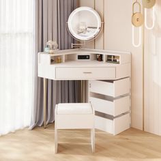 a white desk with drawers and a mirror on the wall in front of a window