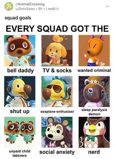 an animal crossing game poster with the words every squad got the bell daddy, tv & socks wanted animals shut up