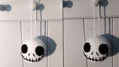 two pictures of the same skull hanging from hooks on a white wall, one with black and white balls attached to it