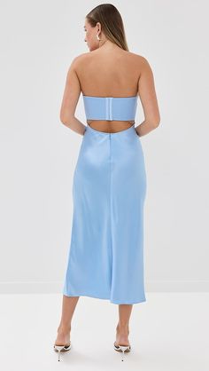 STAUD Midi Wayfaring Dress | Shopbop Bella Dress, Yellow Midi Dress, Ruched Skirt, Dress Home, Satin Midi Dress, Satin Skirt, Blue Midi Dress, China Fashion, Fitted Bodice