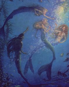 three mermaids swimming in the ocean with bubbles on their heads and tails, surrounded by fish