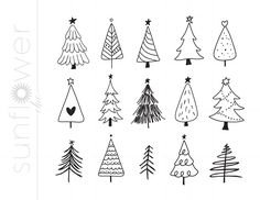 christmas trees are drawn in black and white