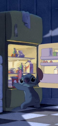 the stitchy mouse in front of an open refrigerator looking for something to eat or drink