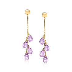 Ross-Simons - 8.25 ct. t. w. Amethyst Drop Earrings in 14kt Yellow Gold. Dangling with lucent teardrop briolettes of 8.25 ct. t. w. amethyst, these lively drop earrings bring the brightness of gemstones to the center of your style. Crafted in polished 14kt yellow gold with glossy ball tops and slinky cable chains. Hanging length is 1 3/4". Post/clutch, amethyst drop earrings. Amethyst birthstones are the perfect gift for February birthdays. Amethyst Birthstone, February Birthday, Fine Jewelery, Cable Chain, Amethyst, Cable, Yellow Gold, Perfect Gift, Drop Earrings