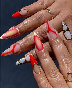 Red Black And Yellow Nails, Puerto Rico Nails Designs, Red Nails With Design Ideas, Fire Nails Designs, Red And Yellow Nails, Airbrush Nails, Edgy Nails, Glow Nails, Dope Nail Designs