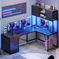 a computer desk with two monitors and a keyboard in front of the monitor is illuminated by neon lights