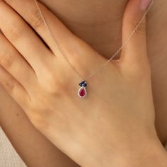 "18K Gold Ruby & Blue Sapphire Necklace, Sapphire Pendant, Marquise Necklace, September Birthstone Necklace, Natural Diamond Sapphire Jewelry Minaliva Diamond Features * Gold Kt: 14K - 18K * Custom Gold Color: Rose Gold, Yellow Gold, White Gold * Ruby: 1pcs 0.50Ct * Total Diamond CTW: 0,10Ct * Sapphire: 1pcs 0.25Ct * Gr: 2,25 * Diamond Color-Clarity: G Color VS Clarity * Setting Type: Pave * Length:  16\", 17'',  18\", 19'', 20\" (measured as end to end, the clasp is included) * Ready to Ship in