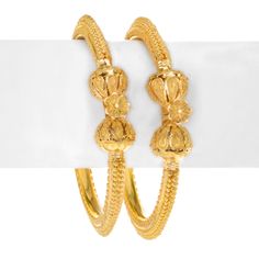 Dazzling hinge kada bangles (2-piece-set), handcrafted in 22 karat yellow gold, trimmed in a textured gold ball design, secures with a top screw hinge for easy wearability. Baby Jewelry Gold, Vintage Indian Jewelry, Kada Bangles, Empty Inside, Gold Bangles For Women, Gold Earrings Models, Gold Jewellry, Modern Gold Jewelry, Fancy Design