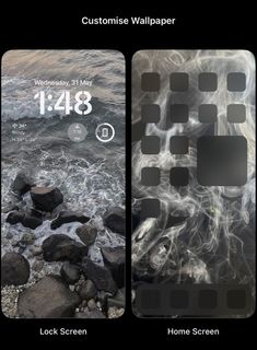 an iphone screen with the image of water and rocks on it, showing different screens