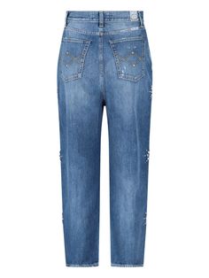 Washington Dee Cee studded blue denim, with a high waist, belt loops, a zip and button closure, five pockets, side metal appliqués, yellow stitching on the back pockets, and a straight hem. Embellished High Rise Denim Jeans, High Rise Embellished Denim Jeans, Rodeo Shirts, Studded Jeans, Fringe Jacket, Jeans Jumpsuit, Yoga Wear, Dress Codes, Waist Belt