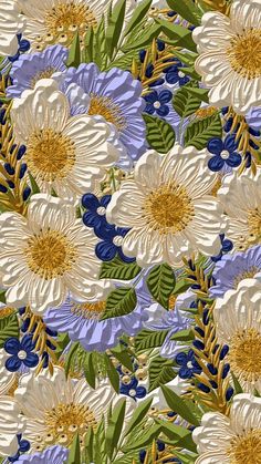 an abstract floral pattern with blue, white and yellow flowers