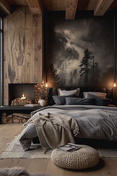 a bedroom with wood paneled walls and a large painting on the wall