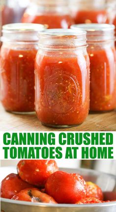 canned tomatoes in jars with text overlay that reads canning crushed tomatoes at home and how to use them