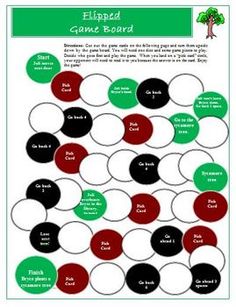 a game board with circles and words on the front, in green and red colors