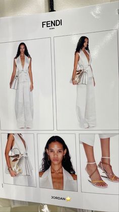 an advertise for the fashion show fendi featuring models in white dresses and sandals