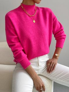 Outfits Quotes, Pull Rose, Orange Sweater, Pullover Outfit, Drop Shoulder Sweaters, Long Sleeve Knit Sweaters, Round Neck Sweaters, Loose Sweater