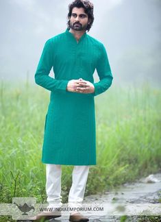 Stunning Poly Cotton Teal #Green #Thread Work #Kurta #Pyjama Mens Dress Shirts Outfit, Kurtas Men, Pajama Men, Blue Slim Fit Suit, Mens Kurta Pajama