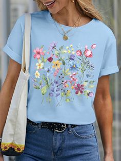 Zolucky offers stylish and concessional T-shirts.. SPU: 294NT-5G3D85, Color: Light Blue Purple White Black, Pattern:Floral, Silhouette:H-Line. Cotton Activity, Floral Silhouette, Womens Dress Suits, Shirts Summer, Casual Design, Pattern Floral, Summer Cotton, Black Pattern, Casual T Shirts