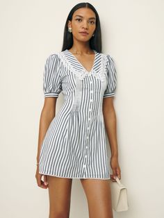 How classic. Shop the Nonie Dress from Reformation, a sleeveless mini-length dress with a v-neckline, big collar, and a button front. Big Collar Dress, Time Clothes, Vintage Revival, Big Collar, Swimwear Dress, Button Up Dress, A Button, Button Down Dress, Button Dress