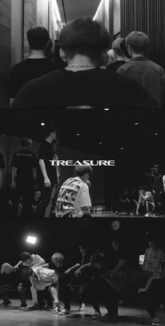 black and white photo of people doing different things in front of a sign that says treasures