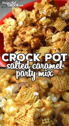 crock pot salted caramel party mix in a red bowl with text overlay