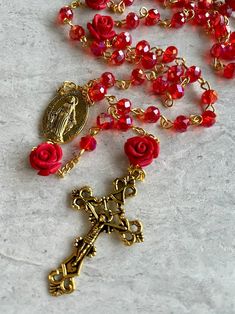 Handcrafted Prayer Rosary. Red Crystals With Red Rose Beads - Etsy Handmade Red Rosary For Jewelry Making, Spiritual Rosary As Valentine's Day Gift, Red Spiritual Rosary As Gift, Handmade Red Rosary With Cross, Handmade Red Cross Rosary, Handmade Red Rosary, Red Crucifix Rosary As Gift, Spiritual Red Crucifix Rosary, Rosary Jewelry