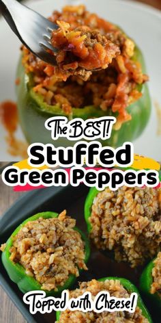 the best stuffed green peppers are topped with shredded cheese and ground meat in an easy, healthy recipe