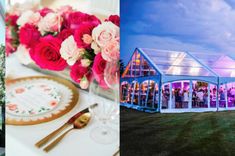 the wedding tent is set up with pink flowers and greenery in front of it