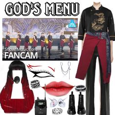 a woman wearing red pants and black top with accessories around her neck, in front of a poster that says god's menu show music core fancam