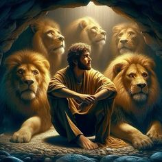 jesus sitting in front of lions with his hands on his knees