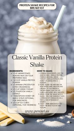 a glass jar filled with vanilla protein shake