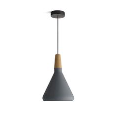 a gray and wooden light hanging from a ceiling