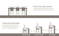 the height of a bar stool is shown with measurements for each chair and table in front of it