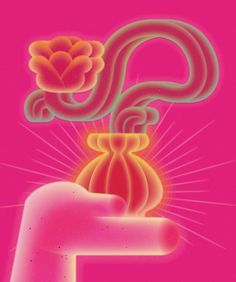 an image of a hand holding a vase with flowers coming out of it on a pink background