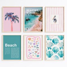 four framed pictures with beach images and palm trees on them, all in pastel colors