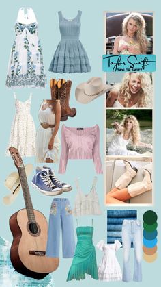 a collage of various outfits and accessories including a guitar, jeans, shoes, hats, and more