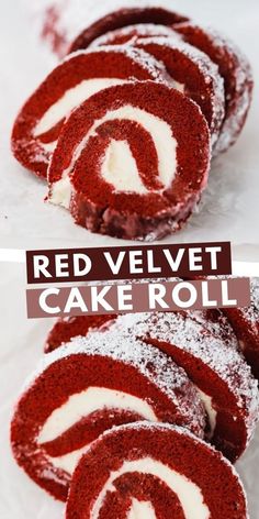 red velvet cake roll with powdered sugar on top and text overlay that reads, red velvet cake roll