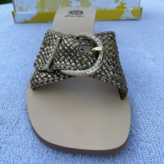 Yellow Box Low Heel Flip Flop Slide Sandal Shoe Woven Buckle Gold In Size 9.5 With 1.75 Inch Heel. Thank You For Stopping By. Gold Slip-on Sandals With Buckle Closure, Gold Buckle Closure Slip-on Sandals, Yellow Box Flip Flops, Bling Flip Flops, Sequin Sandals, Sparkle Sandals, Yellow Box Shoes, Sparkly Sandals, Heeled Flip Flops