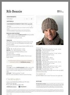 a man wearing a knitted hat and scarf on top of a white page with the words rib beanie